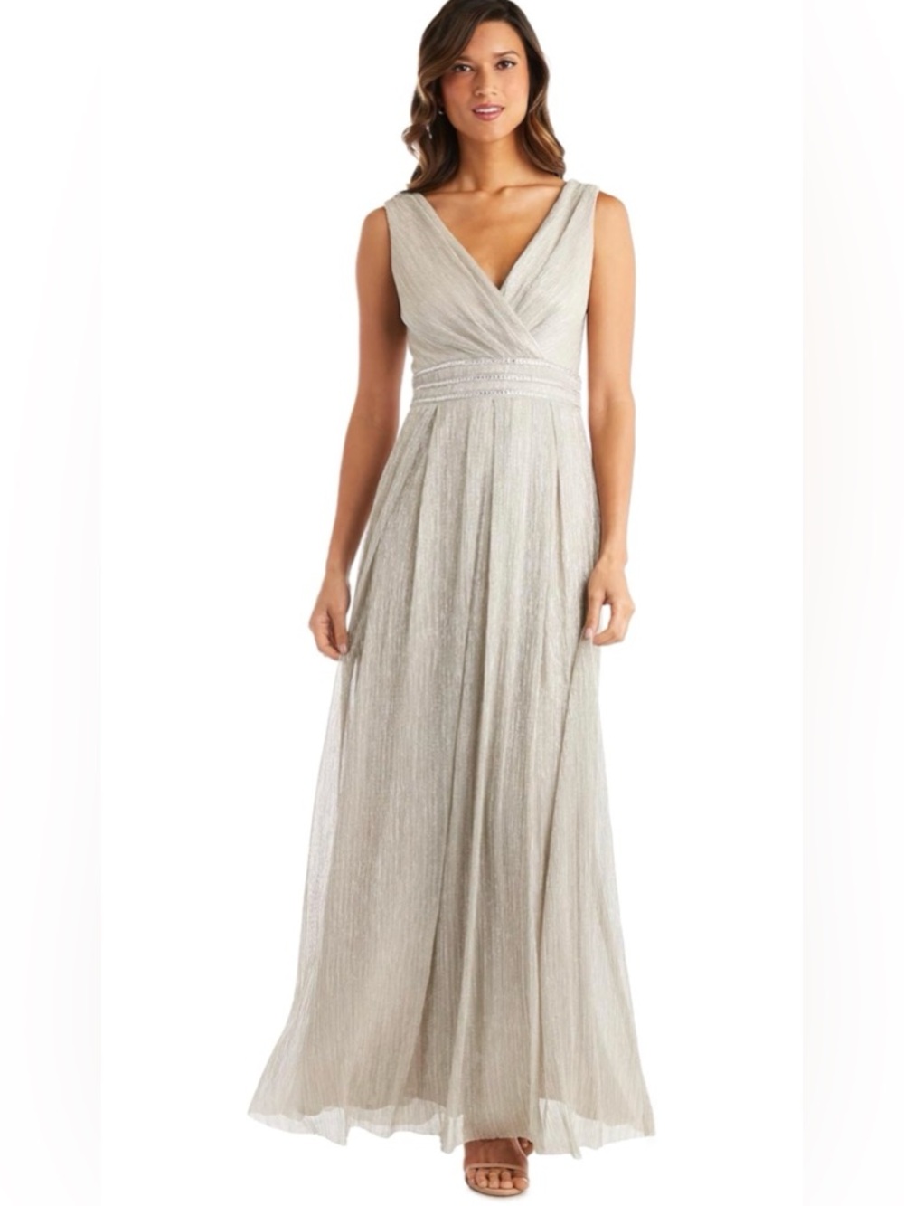 R&M Richards Silver Metallic V-Neck Maxi Gown
